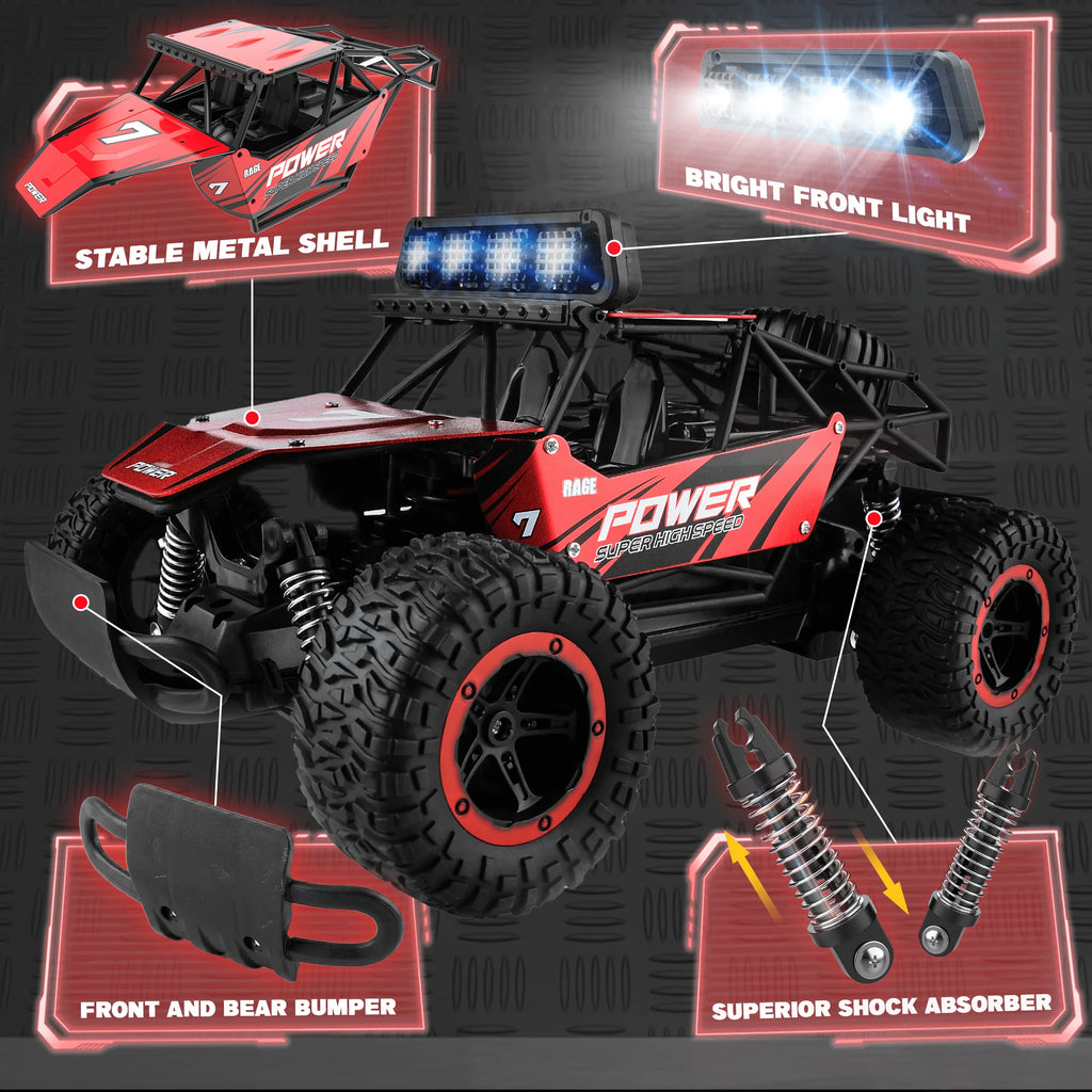 RC Cars, 1:14 Scale Off-Road RC Monster Truck with Lights, Metal Shell & 2 Batteries, 2.4Ghz Remote Control Car Crawler for Kids Adults