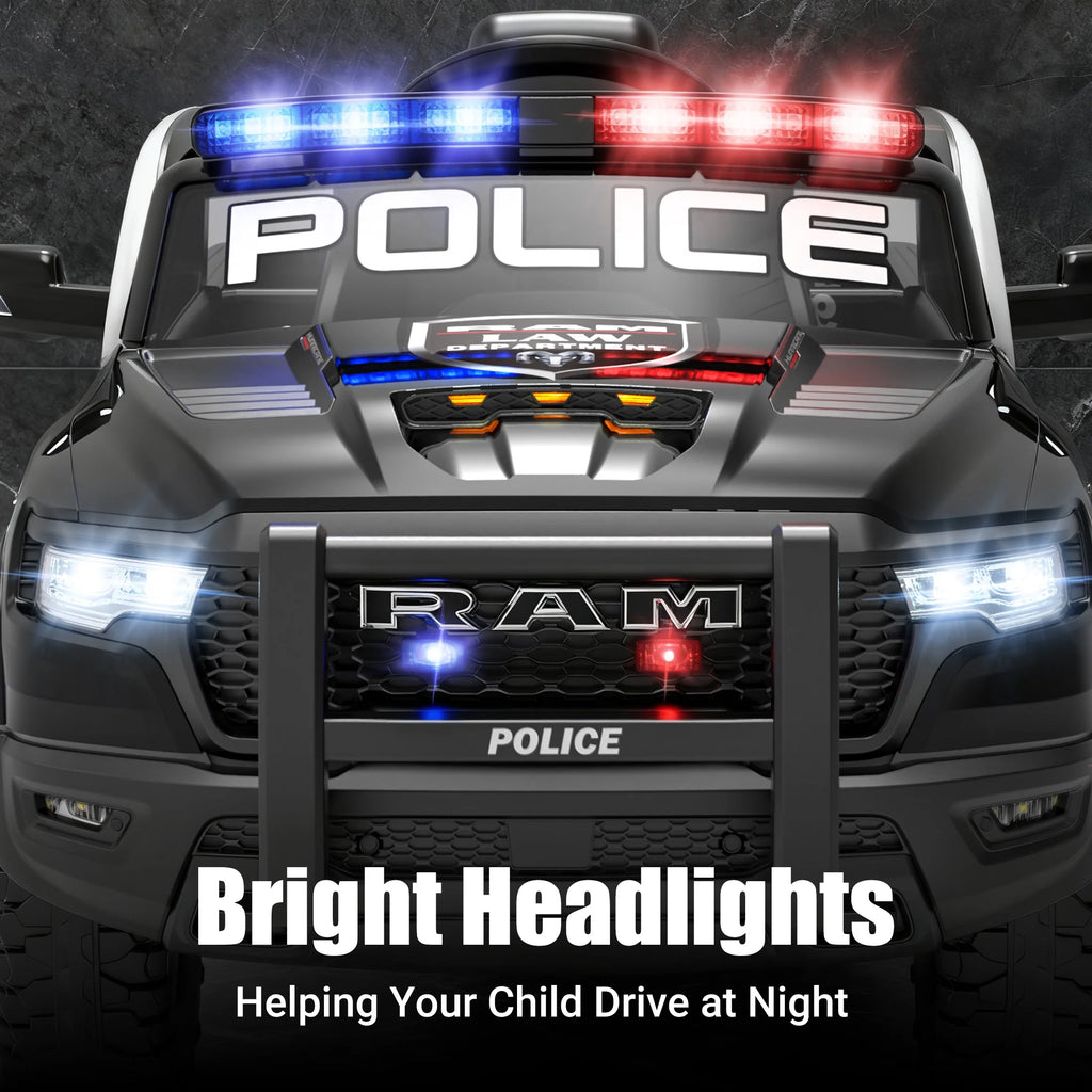 RAM 1500 Ride on Truck Cars, 12V Powered Ride on Toys with Remote Control, 4 Wheel Suspension Electric Cars for 3-5 Yrs Boy Girl W/Key Switch, Safety Belt, Music, Bluetooth, LED, Black Police Truck