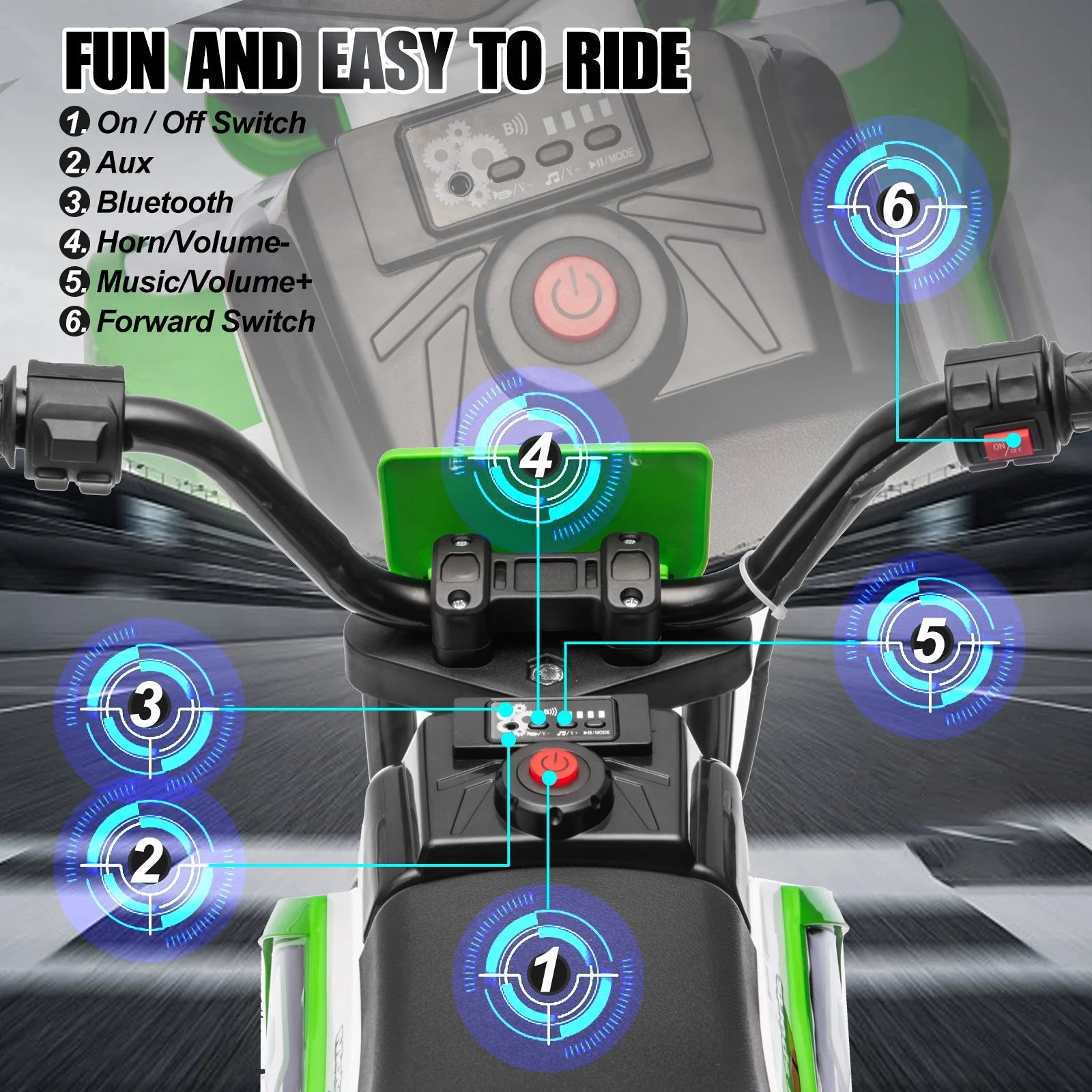 12V Green Ride on Motorcycle Dirt Bikes for Kids with Training Wheels, Spring Suspension
