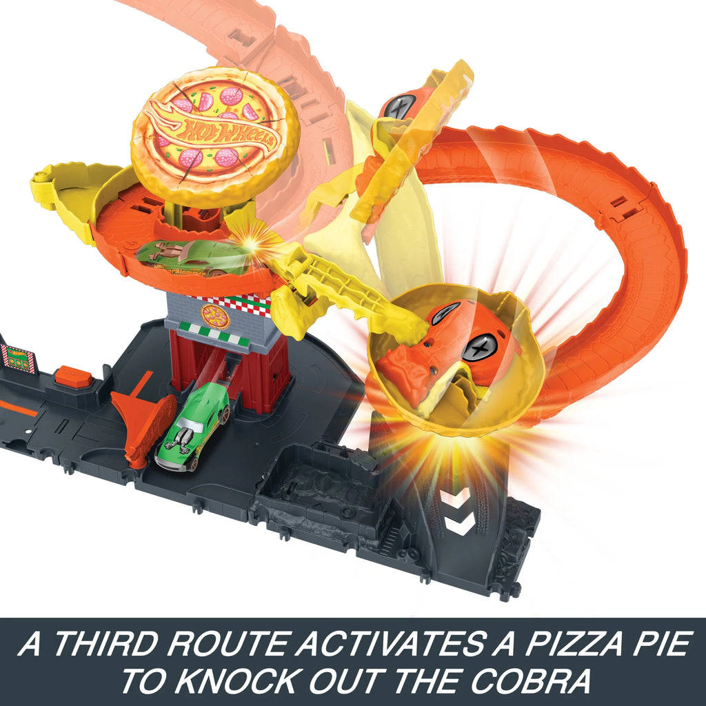 City Track Set Pizza Slam Cobra Attack Playset with 1:64 Scale Toy Car for Kids, 24.51 In