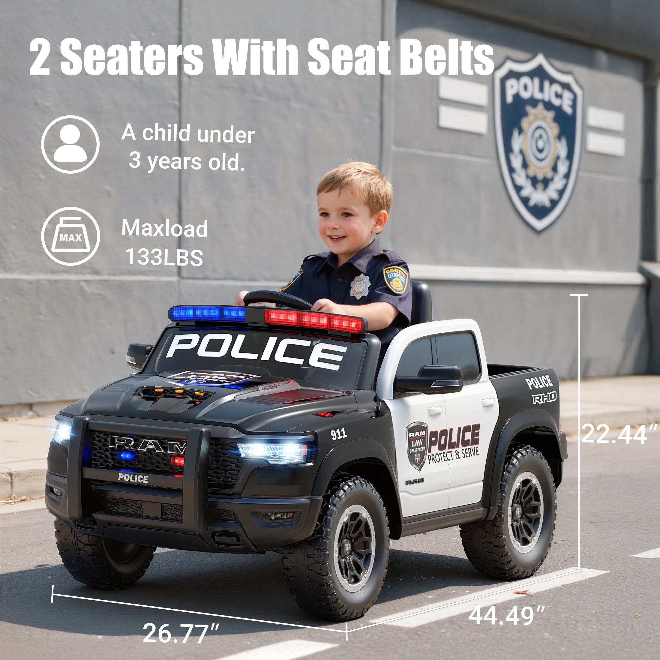 RAM 1500 Ride on Truck Cars, 12V Powered Ride on Toys with Remote Control, 4 Wheel Suspension Electric Cars for 3-5 Yrs Boy Girl W/Key Switch, Safety Belt, Music, Bluetooth, LED, Black Police Truck