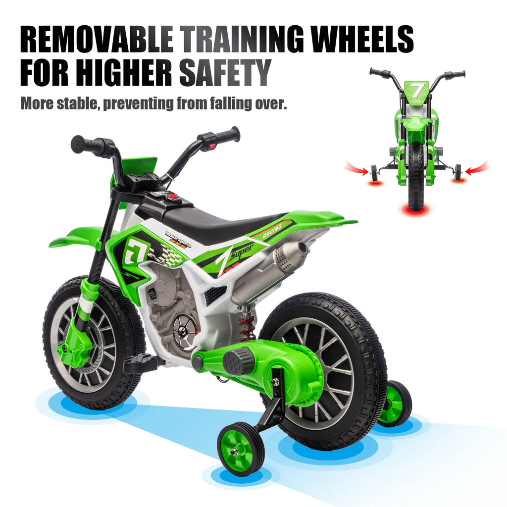 12V Green Ride on Motorcycle Dirt Bikes for Kids with Training Wheels, Spring Suspension
