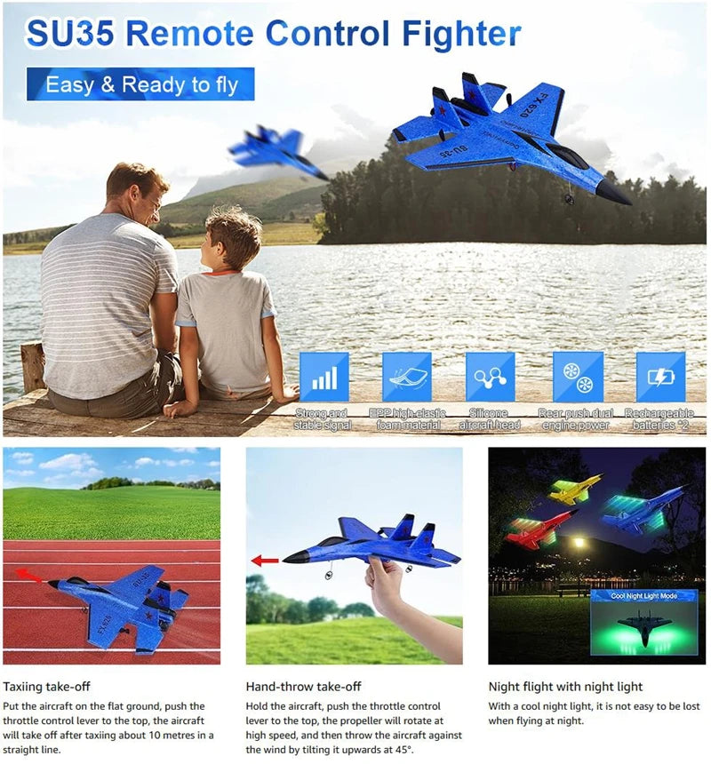 Remote Control Airplane SU35 RC Plane Foam Aircraft with LED 2.4G Radio Fighter Glider Outdoor Flying Toy Gift for Adult Kid