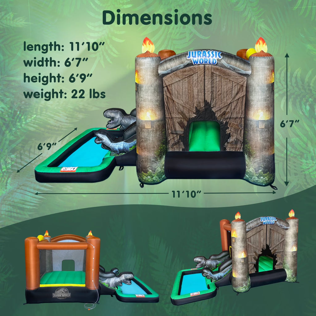 Jurassic World Dinosaur Bounce House with Slide, Ball Pit & Pool – Indoor/Outdoor Inflatable Castle with GFCI Air Blower for Kids Ages 3–8