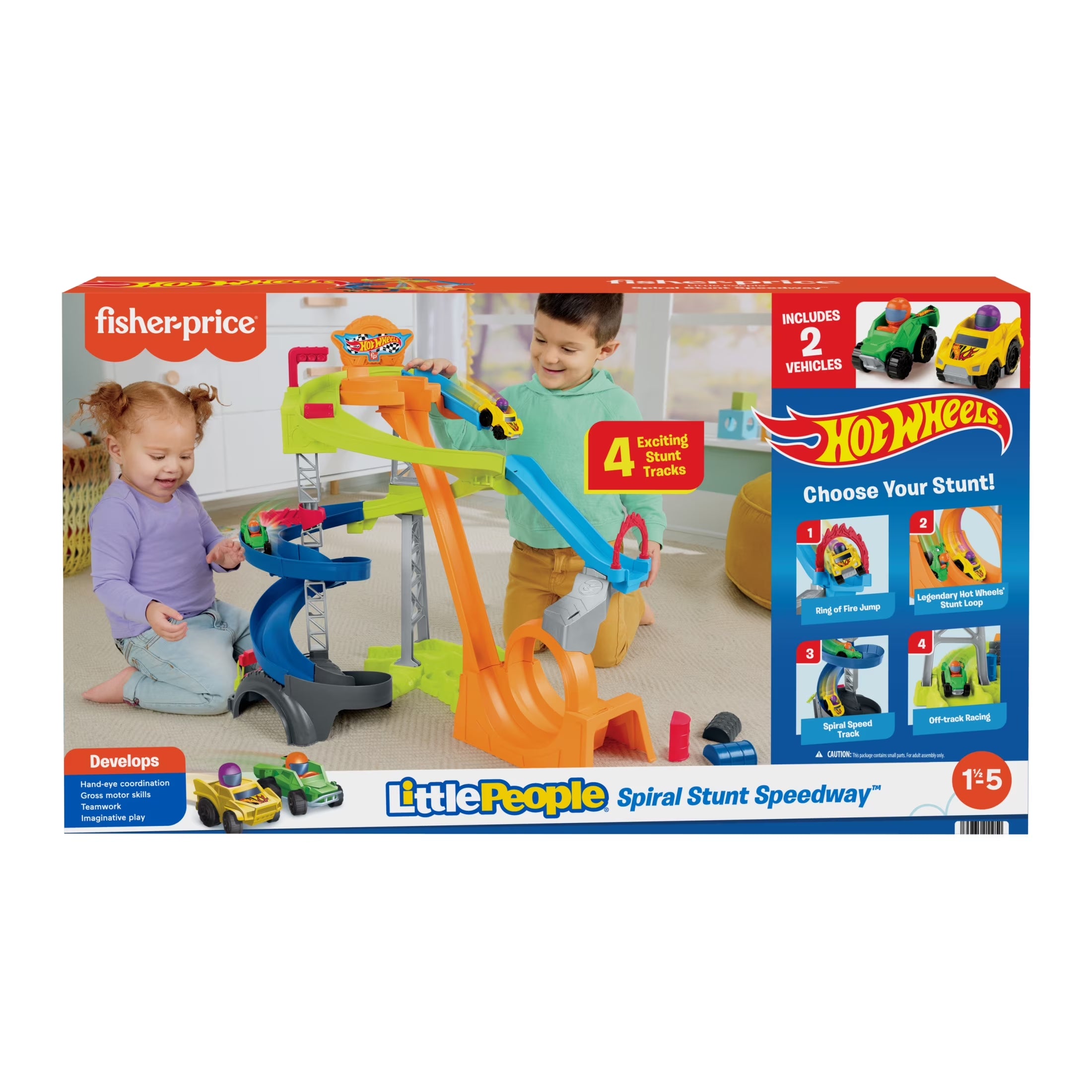 Hot Wheels Spiral Stunt Speedway Toddler Race Track Playset, 2 Toy Cars